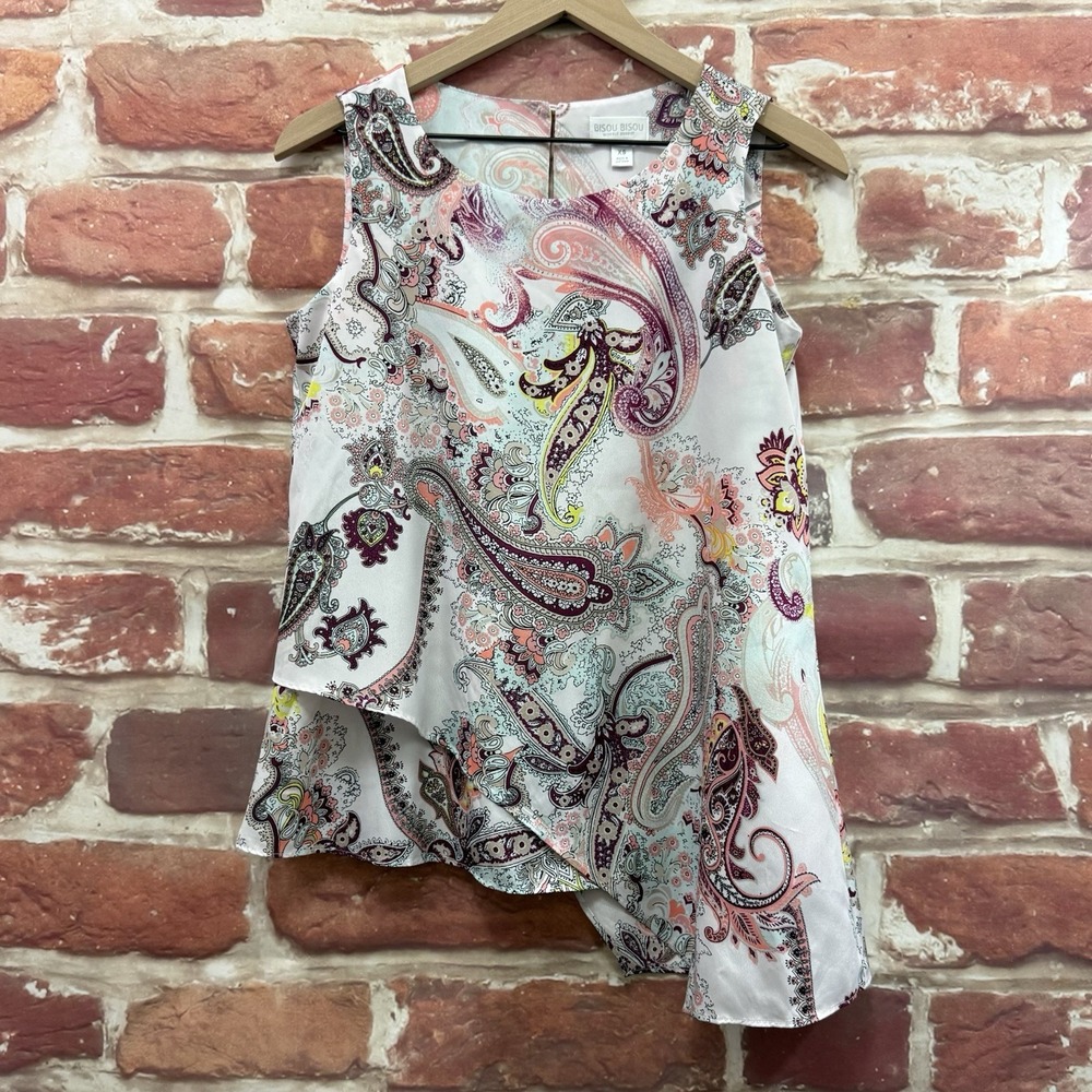 Bisou Bisou Top Womens XS Multicolor Boho Floral Paisley Asymmetric Casual Shirt